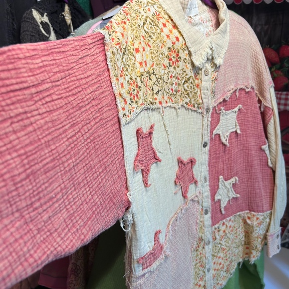 210 Oli & Hali long sleeve color block gauze button down shirt, top - Picture 2 of 3